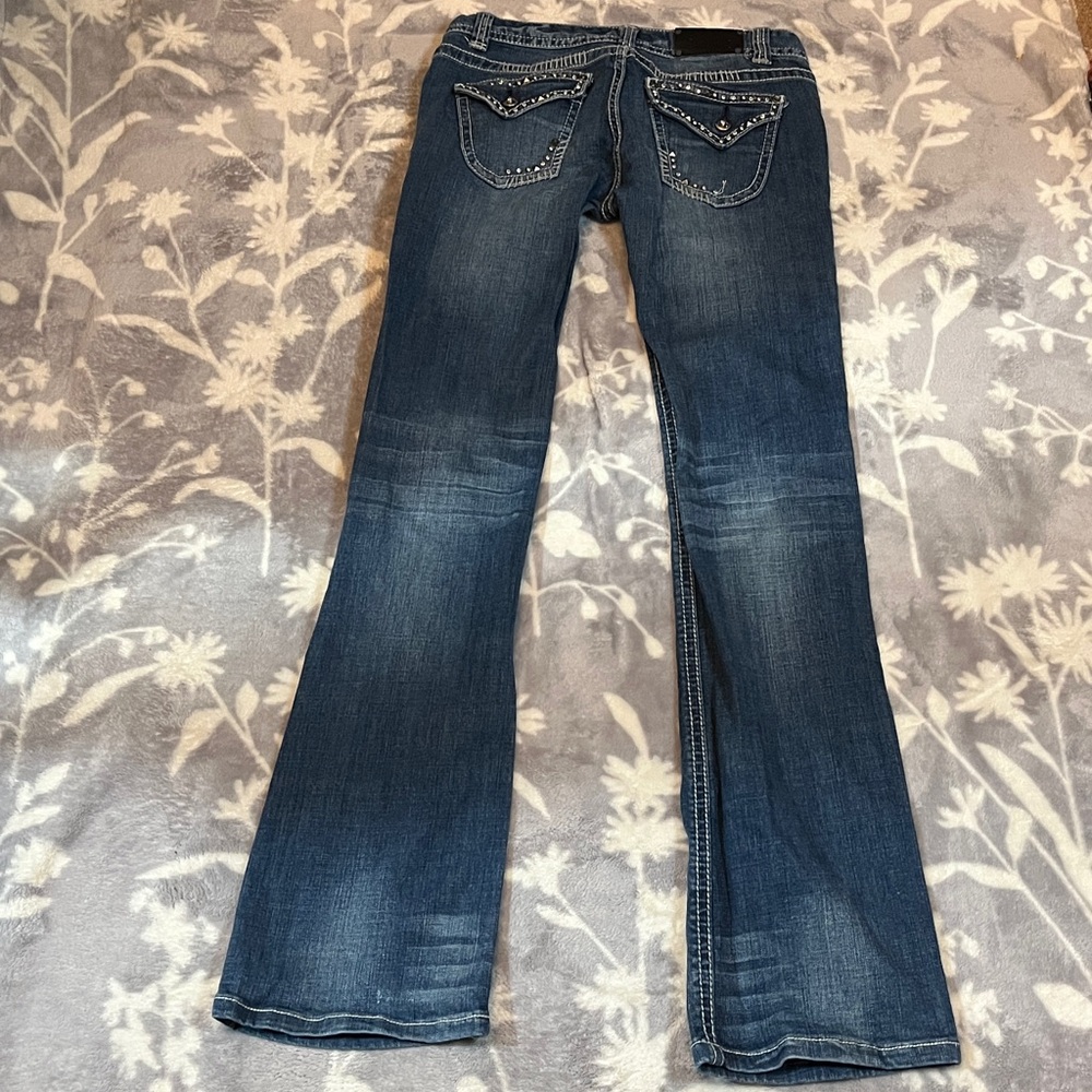 Rock and roll cowgirl denim bootcut jeans - embellished/ distressed W 29 - Picture 5 of 14